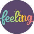 Rond violet avec écrit FEELING en plusieurs couleurs