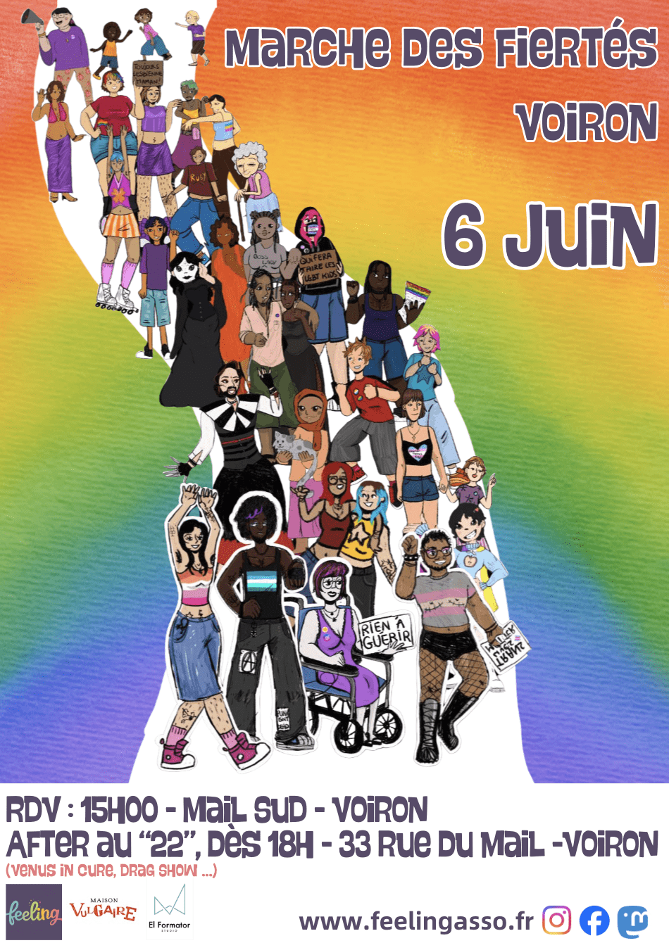 Affiche arc en ciel représenatnt un groupe qui marche; Différents personnages sont représentéEs dont des figures de l'association