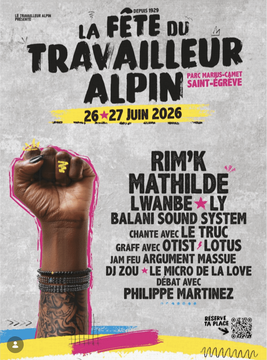 Affiche de la fête du travailleur alpin, fond gris, poing levé, et programme écrit