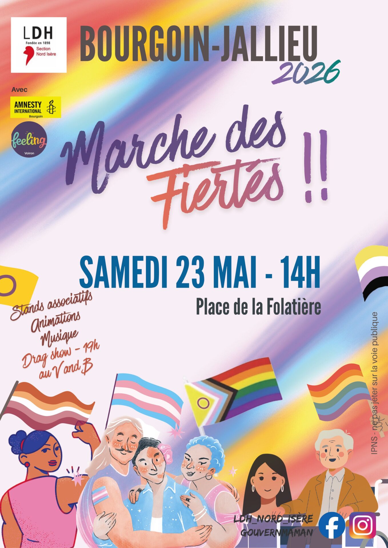 Affiche arc en ciel avec plusieurs personnages représentant différentEs orientation et identités de genre